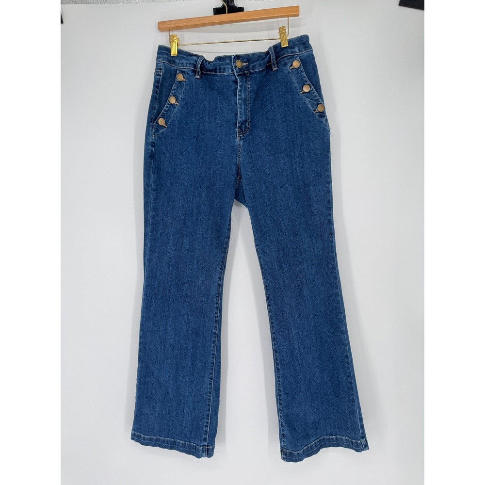 Charlie B Sailor Jeans Womens Sz 14 Denim Buttons Wide Flare Leg Nautical Preppy